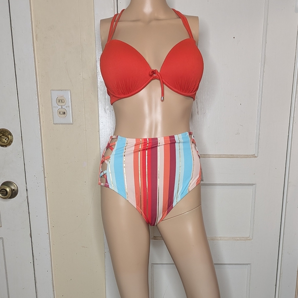 Shade&Shore 2 Piece Bikini NWT Red Push-Up Top & Striped High Waist Bottoms XL